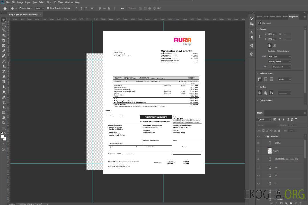 Modèle de facture de services publics AURA Energi du Danemark aux formats Word et PDF template